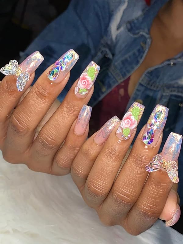 3D Acrylic Red Flower Nail Art Charms Handmade by Acrylic Powder - 24pcs Flowers Nail Rhinestones Kit 3D Crystal Nail Pearls Design Acrylic Nail Art for Women (Red)