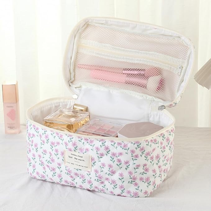 3Pcs Makeup Bag Cotton Quilted Travel Cosmetic Bag Cute Floral Makeup Pouch Large Toiletry Bag for Women Girls (Flowers-Pink)