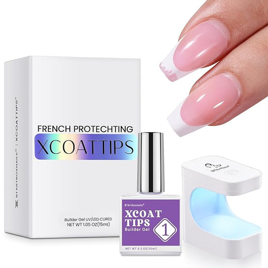 BTArtboxnails 160pcs French Tip Press on Nails 3 in 1 X-coat Tips, Set with 15ml Builder Gel for Nails and Portable Nail Lamp