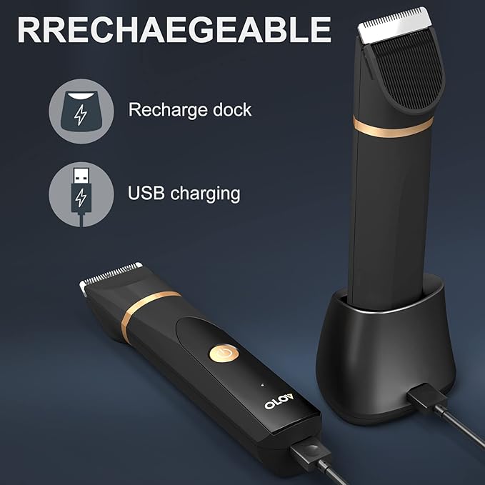 OLOV Electric Body Hair Trimmer for Men - Wet/Dry Body Shaver Groomer with 2 Repalcement Ceramic Blade, USB Recharge Dock & Nosetrimmer Head, Waterproof Male Hygiene Razor