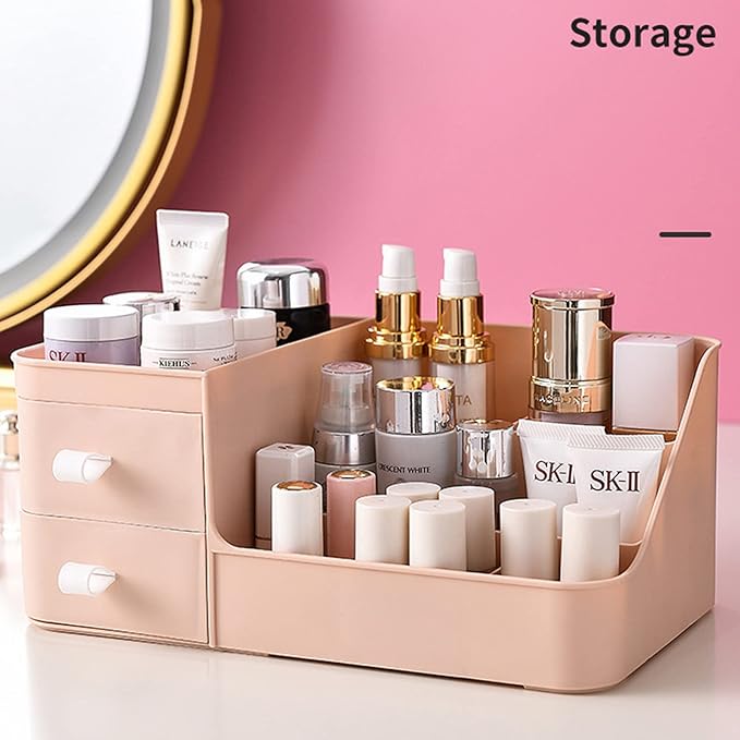 Skin Care Organizer - Makeup Vanity Countertop Organizer with Drawers, Brush Holder for Lipstick, Eyeshadow, Desktop (Polar Pink)