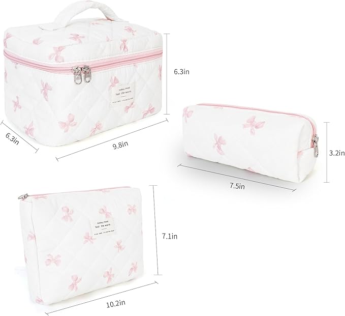 3Pcs Makeup Bag Cotton Quilted Travel Cosmetic Bag Cute Floral Makeup Pouch Large Toiletry Bag for Women Girls (Bow-Pink)