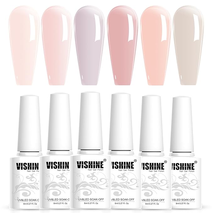 Vishine Jelly Nude Gel Nail Polish Set of 6 Colors Transparent Pink Nude Skin Color Gel Polish Kit UV LED Soak Off Nail Polish Home DIY Manicure Nail Salon Varnish 8ml
