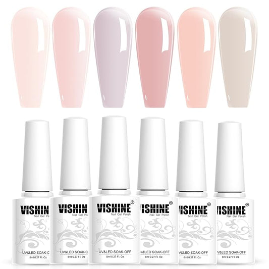 Vishine Jelly Nude Gel Nail Polish Set of 6 Colors Transparent Pink Nude Skin Color Gel Polish Kit UV LED Soak Off Nail Polish Home DIY Manicure Nail Salon Varnish 8ml
