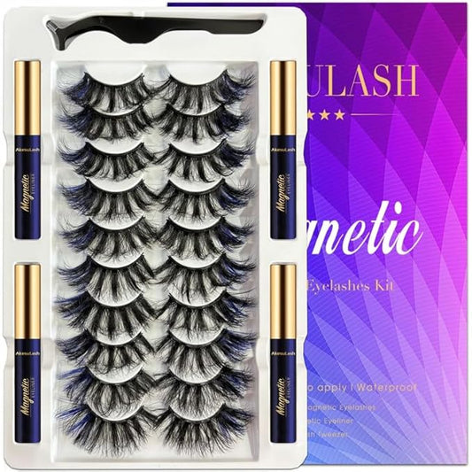 Colored Eyelashes Magnetic Lashes,MIX 10 Pairs Reusable Magnetic Eyelashes kit with Applicator - Upgraded Long Lasting,- Easy for Halloween Party Cosplay Makeup Kit (4 Tube of Liner) Vegan