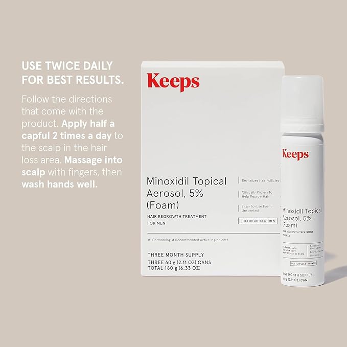 Keeps Extra Strength Minoxidil for Men Topical Aerosol Foam 5%, Hair Growth Treatment - 3 Month Supply (3 x 2.11oz Bottles) - Thicker, Longer Hair - Slows Hair Loss & Promotes Hair Regrowth