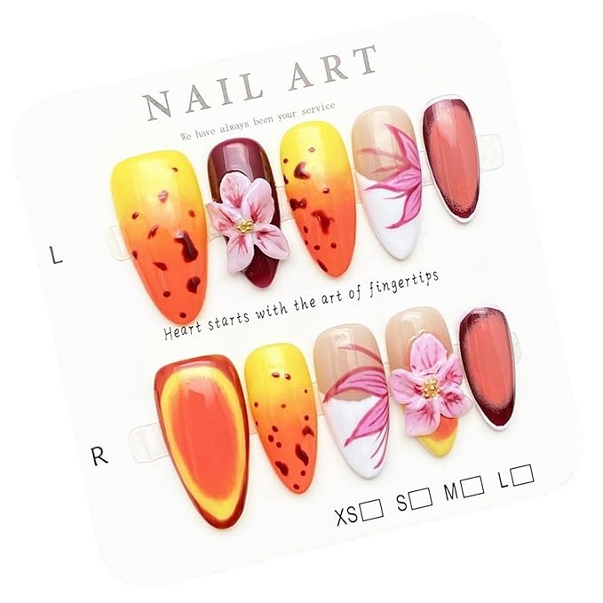 Almond Press on Nails Handmade Medium Long/Stiletto 3D Flower Fake Nail with Designs, Women Reusable False Nails (Orange Floral, L)