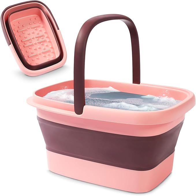 AllSett Health Collapsible Foot Bath – Advanced Foot Soaking Tub with Portable Design and Handle – Foldable Pedicure Foot Spa Bowl – Compact and Lightweight Foot Soak with Acupressure Points, Pink
