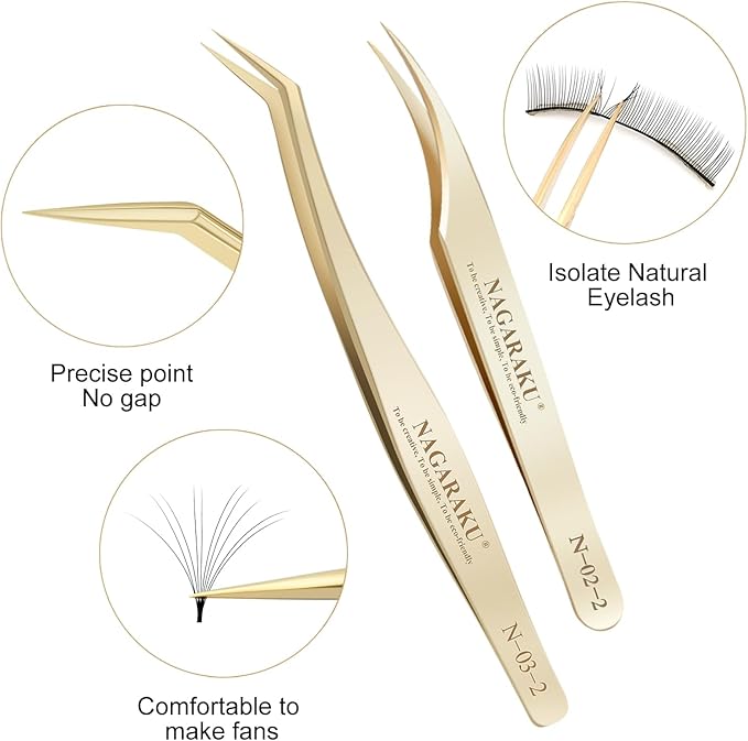 NAGARAKU Eyelash Extension Tweezers Gold Straight Curved 1 pair Angled Long tip Volume Cluster Light Weight Easy Fanning Tweezers Stainless Steel Precision