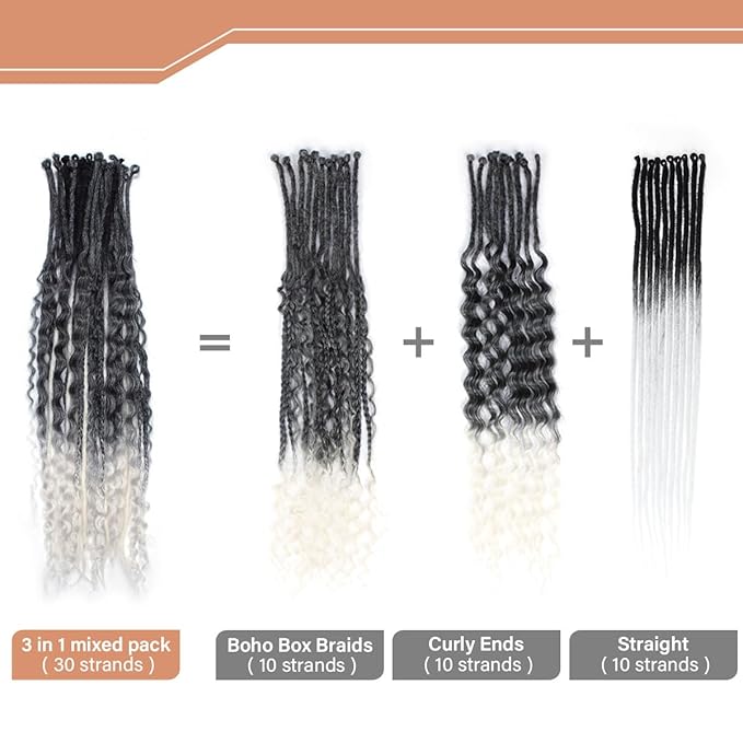 24 Inch 30 Strands SE Dreadlock Extensions Sets，3 In 1 Mixed Synthetic Dreads Extensions, Gray to White Straight&Curly&Boho Handmade Dreads Hippie Style Dreadlocks for Woman