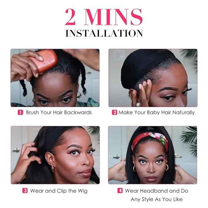 ISEE Wear and Go Mongolian Afro Kinky Curly Headband Wig Human Hair 200% Density Afro Wigs for Black Women Human Hair Natural Curls Grade 10A Glueless Human Hair Wigs (18 Inch)