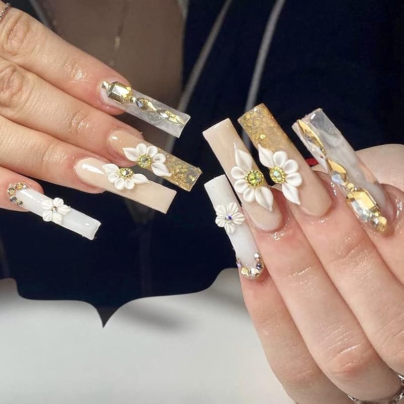 3D White Acrylic Flower Nail Art Charms Handmade by Acrylic Powder - 24pcs Flowers Nail Rhinestones Kit 3D Crystal Nail Pearls Design Acrylic Nail Art for Women (White)