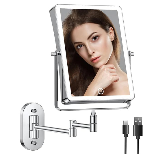 FASCINATE Rechargeable Wall Mounted Makeup Mirror, Bathroom Mirror Rectangle 8.7 Inch Double Sided 1X 10X Magnifying, 3 Color Setting, Extended Arm 360° Swivel Foldable Chrome