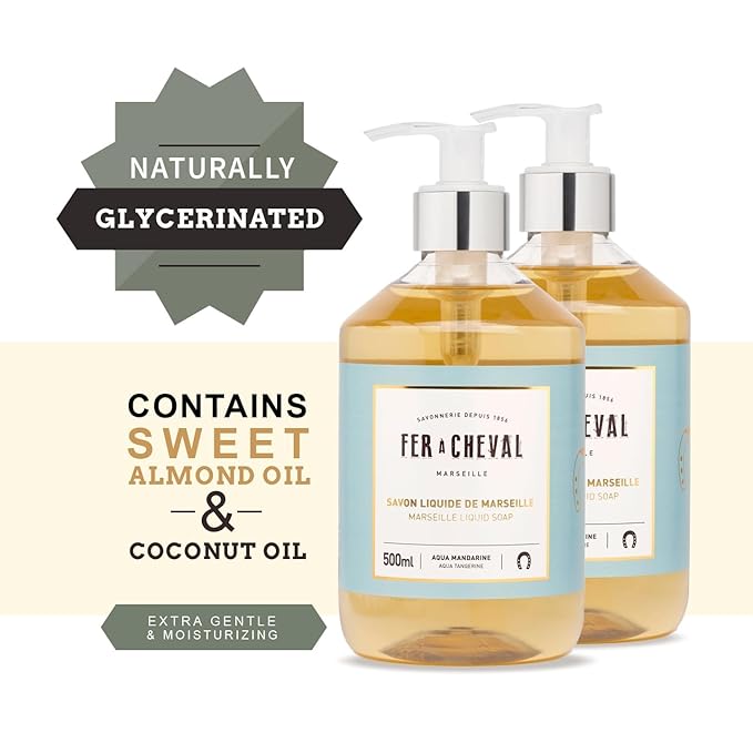 Fer à Cheval Marseille Liquid Soap Aqua Tangerine - Shea Butter & Almond Oil, Hydrating Hand Wash, Natural Ingredients - Set of 2, 500ml/16.9 f oz