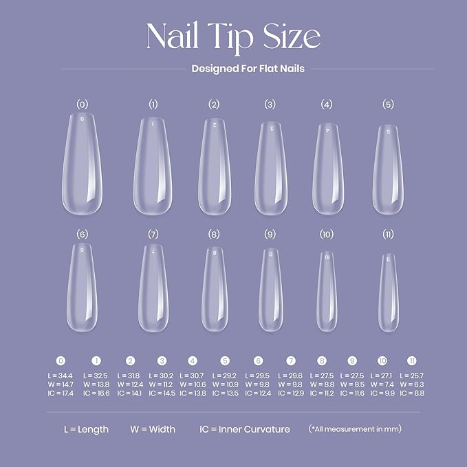 Tipex Gel Nail Tips Kit,Pre-etched Acrylic Hard Nail Tips Set for Beginners,Long Coffin Full Cover Press On Nails,Deep C Curve Flat Nails,UV Nail+Glue+LED Lamp+Base Gel