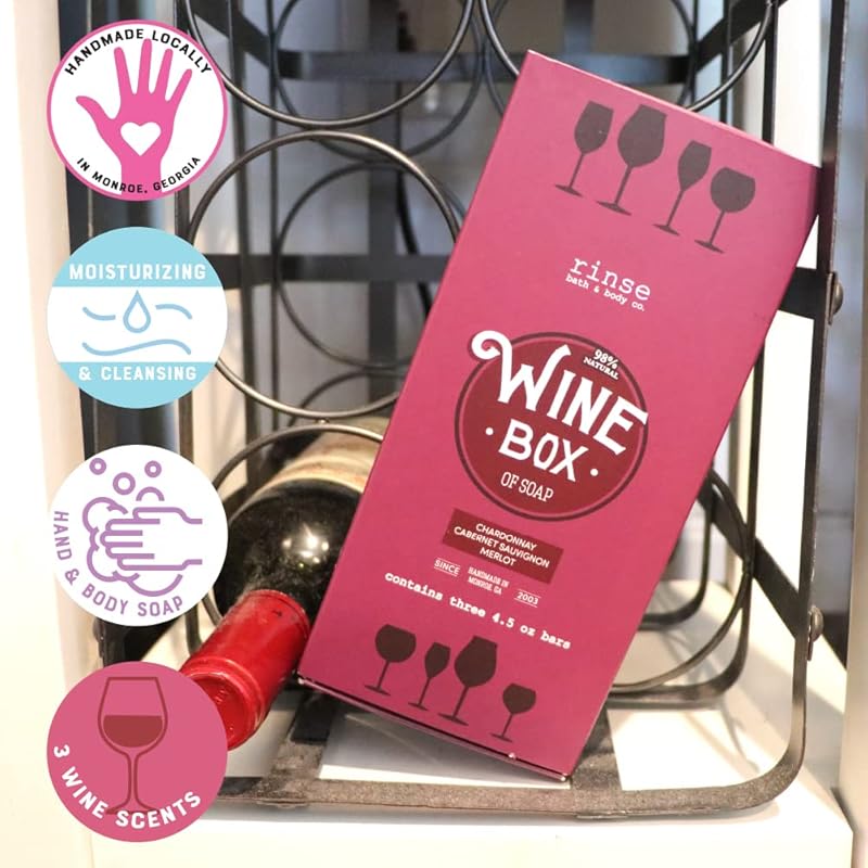 Rinse Bath & Body Wine Soap Set - Handmade Natural Mothers Day Spa Soap Gift for Wine Lovers | Cabernet Sauvignon, Chardonnay & Merlot | Moisturizing & Cleansing | Shea & Cocoa Butter | 12.75oz