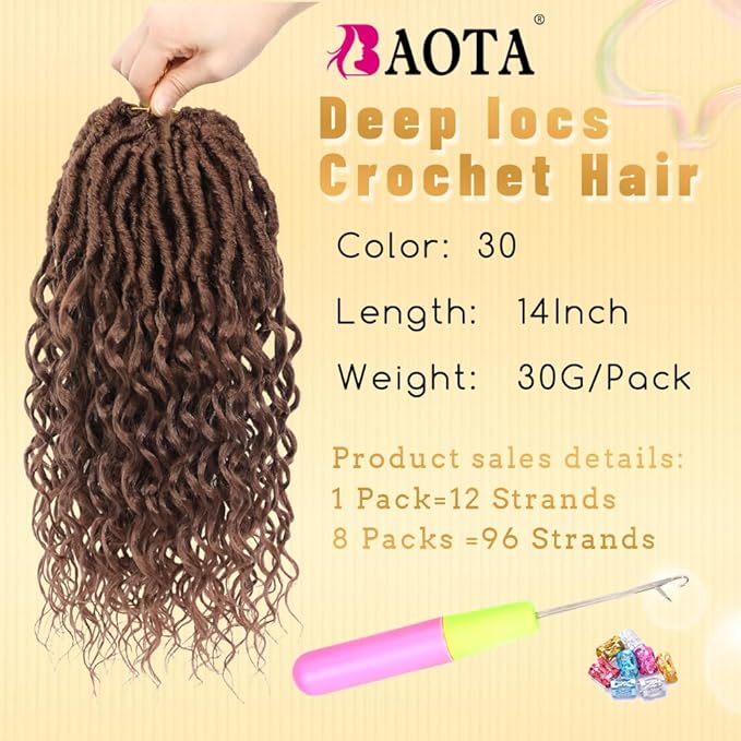 14 Inch 8 Packs Goddess Faux Locs Crochet Hair with Curly Ends Bohemian Curly Crochet River Locs Braids Hair for Women Brown Hippie Locs Synthetic Crochet Braids Hair Brown Color