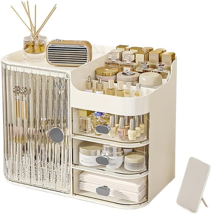 Cosmetics Display Case with Mirror, Large Capacity Cosmetic Storage Box with Drawers, Dust and Waterproof Makeup Organizer, Skincare Jewelry Storage Box for Bedroom, Bathroom (Transparent)