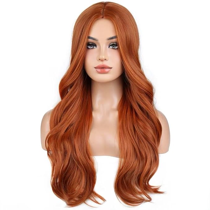BERON Women Ginger Wigs Long Curly Wave Wig for Girls Dark Orange Middle Part Heat Resistant Synthetic Hair Wigs for Cosplay Party or Daily
