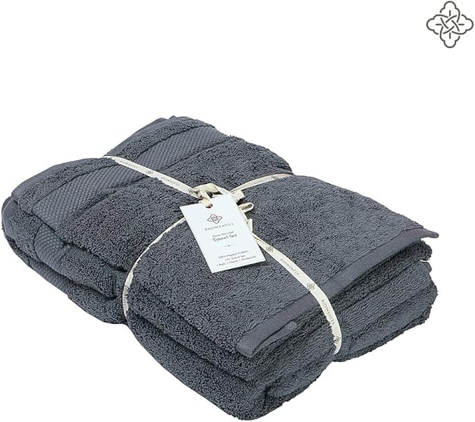 BIOWEAVES 100% Organic Cotton 700 GSM Plush 6-Piece Towel Set GOTS Certified, 2 Bath Towels, 2 Hand Towels & 2 Washcloths - Charcoal