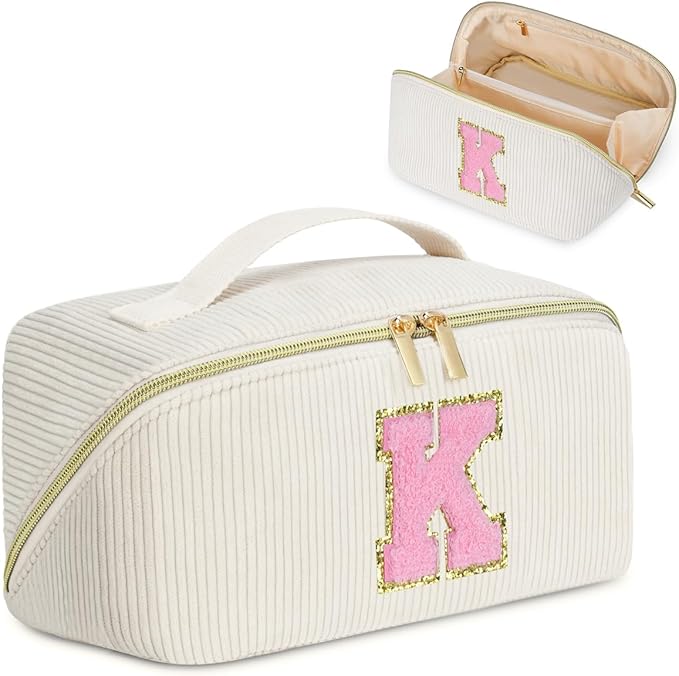 Gifts for Girls, Initial Travel Makeup Bag Women's Day Gift Make up Bag Cosmetic Bags Monther's Day Gifts, Personalized Stuff Bag Cute Makeup Bag Birthday Gifts for Women/Friend/Mother - K