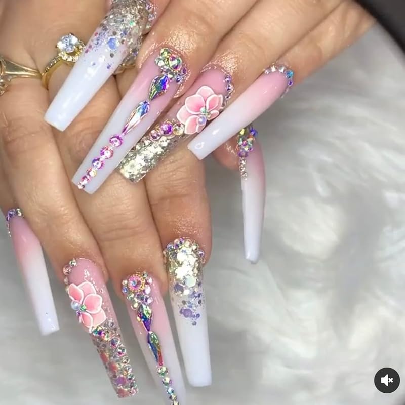 Sett 3D Acrylic Pink Flower Nail Art Charms Handmade by Acrylic Powder - 24pcs 3D Flowers Nails Rhinestones Kit 3D Crystal Nail Pearls Design Acrylic Nail Art for Women (Pink)