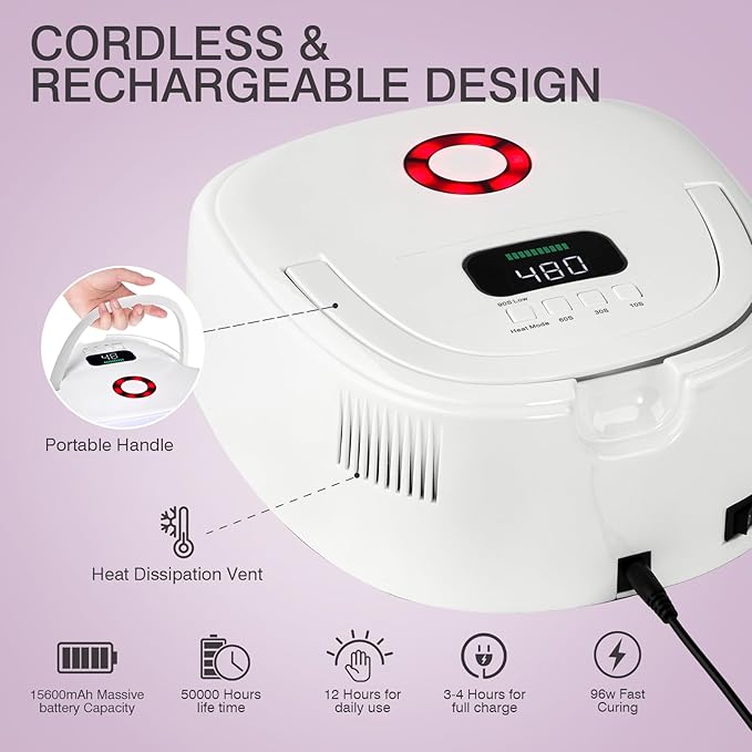 Cordless UV Nail Lamp, 96W Rechargeable Gel Nail Polish Dryer, Wireless UV LED Nail Cure Lamp, UV Light with Auto Sensor & Detachable Metal Base