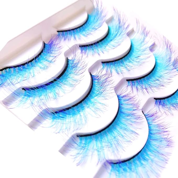 Sunniess Ombre Colored Lashes Silk Protein Fluffy Wispy Volume Fake Lashes for Halloweens Cosplay Party Stage Russian D Curl Lashes with Color Make up Faux Mink False Eyelashes 5 Pairs