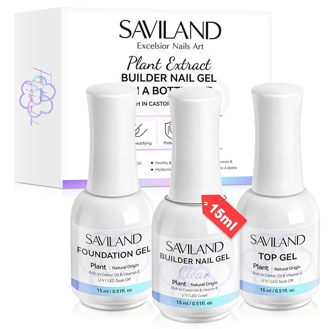 Saviland 15ml Builder Nail Gel In A Bottle Set, 10S Quick-dry Clear Pink Hard Gel Base & Top Gel with Castor Oil & Vitamin E Ingredient Strengthener Extension Repair Nail Art Home Salon