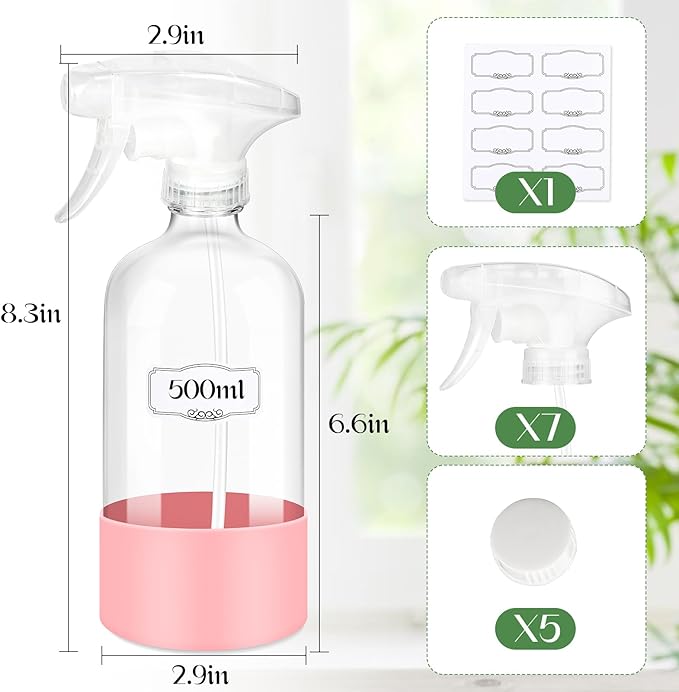 5 PACK/16 OZ Glass Spray Bottles with Upgraded Adjustable Spray Nozzle，Refillable Containers with Silicone Sleeve,Spray Bottle for Hair&Cleaning Solutions&Essential Oils-Pink Blue Gray Black White