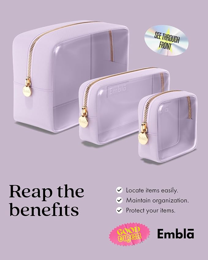 Clear Cosmetic Bags Set of 3, Mini Small Large Makeup Bags For Women Clear Pouch Cosmetics Cases Zipper Cute Pouches Make Up Travel Toiletry Essentials Preppy Purse Organizer Makeup Cases, Lilac