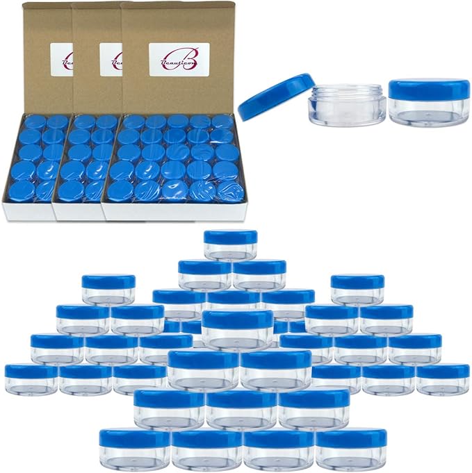 Beauticom (Quantity: 200 Pieces) 5G/5ML Round Clear Jars with Blue Lids for Scrubs, Oils, Toner, Salves, Creams, Lotions, Makeup Samples, Lip Balms