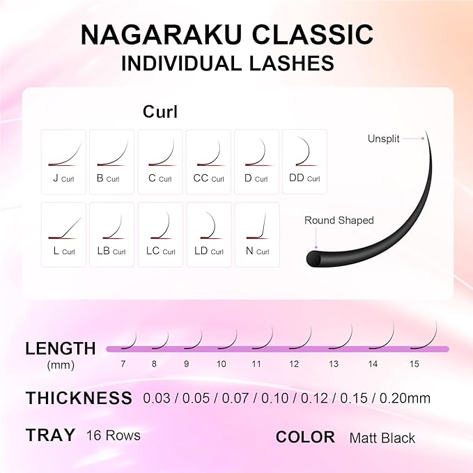 NAGARAKU Eyelash Extensions Individual Lashes Extensions Classic Lash Matte Black 16 Rows Soft Natural Matte Black Professional Beauty Salon Lashes Supplies - 0.15LC 15mm
