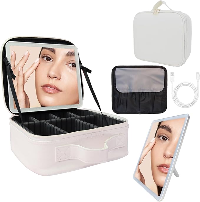 Travel Makeup Bag with LED Lighted Mirror,Cosmetics Organizer, Makeup Bag with 3 Color Lighted Setting, Portable Storage and Adjustable Dividers Travel Makeup Bag(White)