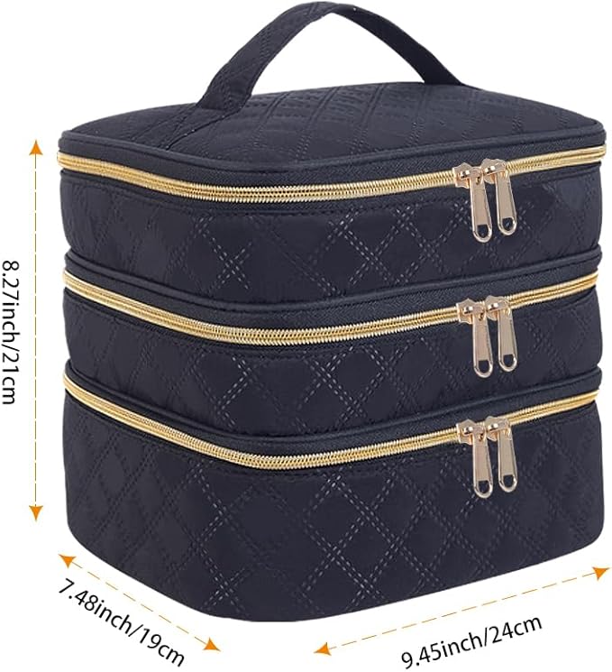 Large Makeup Bag 3 Layers with Handle Travel Makeup Bag Organizer Toiletry Accessories Bottles, Brushes, and Skin Care Products (Blakc)