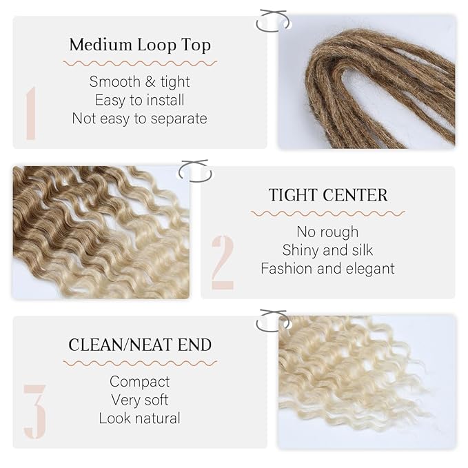 24 In Curly Dreadlock Extensions, 10 Strands Brown to Blonde Synthetic Double Ended Dreads Extensions, 100% Handmade Dreads Hippie Style Dreadlocks for Woman