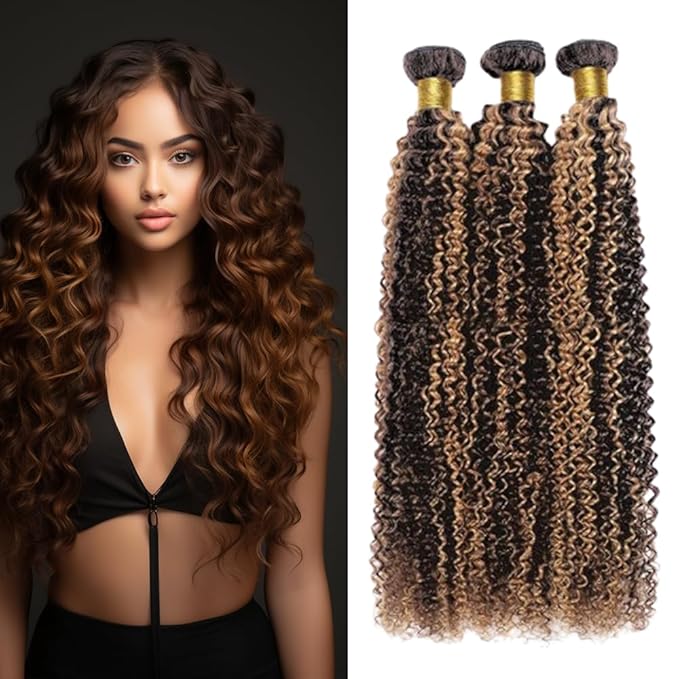 Ombre P1B/30 Curly Bundles Highlight Kinky Curly Bundles Black and Light Brown Human Hair Bundles two tone Brazilian Human Hair Wet and Wavy Soft Silky for Black Women 26 28 30 Inch