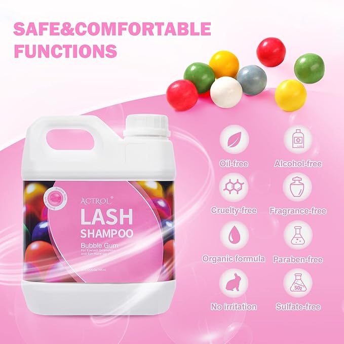 Eyelash Extension Cleanser Bubble Gum 2L Natural Lash Extension Shampoo Professional Eyelid Foaming Cleanser Paraben & Sulfate Free Non-lrritating with Salon and Home Care