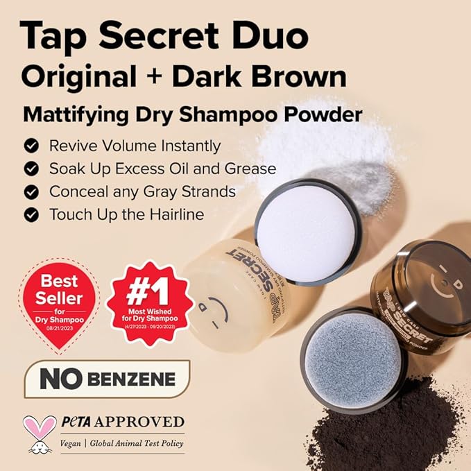 I DEW CARE Biotin Clarifying Dry Shampoo - Tap Secret Dark Original & Dark Brown Duo set | Strengthening & Volumizing, Powder Type, Refillable, Travel size, Mother's Day, 0.24 Oz * 2ea