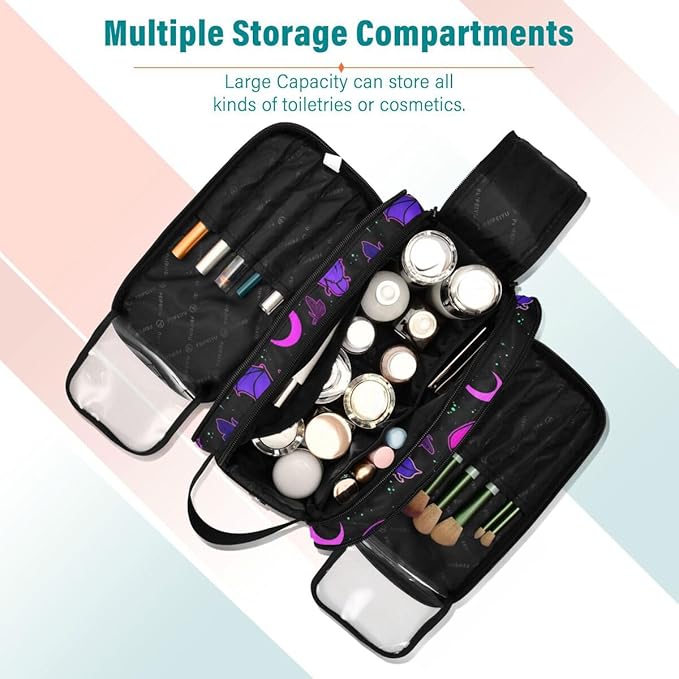 MNSRUU Travel Makeup Bag, Purple Bat Gothic Makeup Bag Large Capacity Cosmetic Bag Organizer, Portable Toiletry Bag for Travel Size