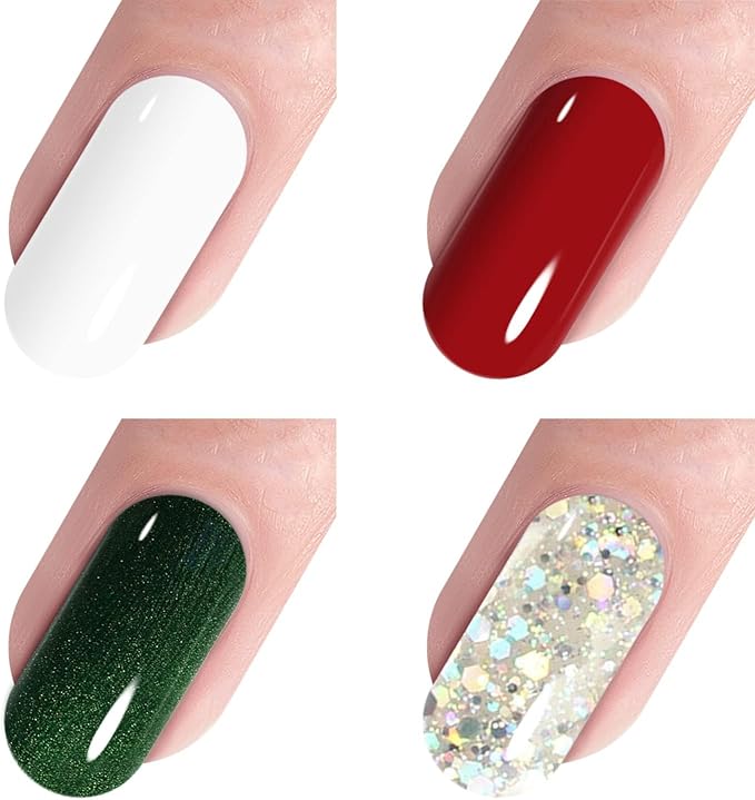Vishine Soak Off UV LED Christmas Collection Glitter Gel Nail Polish Color Set Of 4 Colors X 8ml Red White Green Sparkle Silver Nail Art Kit Set