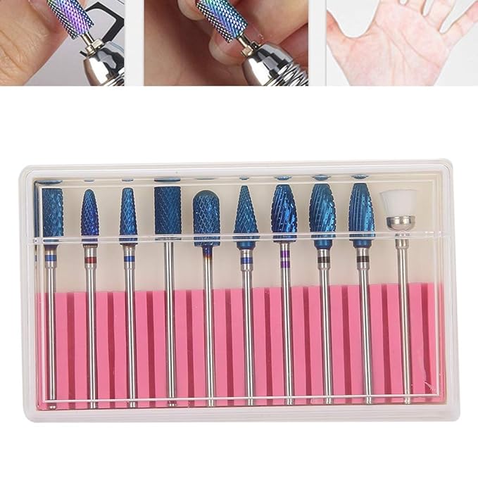 Nail Drill Bit Set, 10pcs Tungsten Steel Nail Drill Bit 3/32 inch Grinding Head Cuticle Drill Bit for Nails Manicure Set Professional Polishing Machine Tool for Pedicure