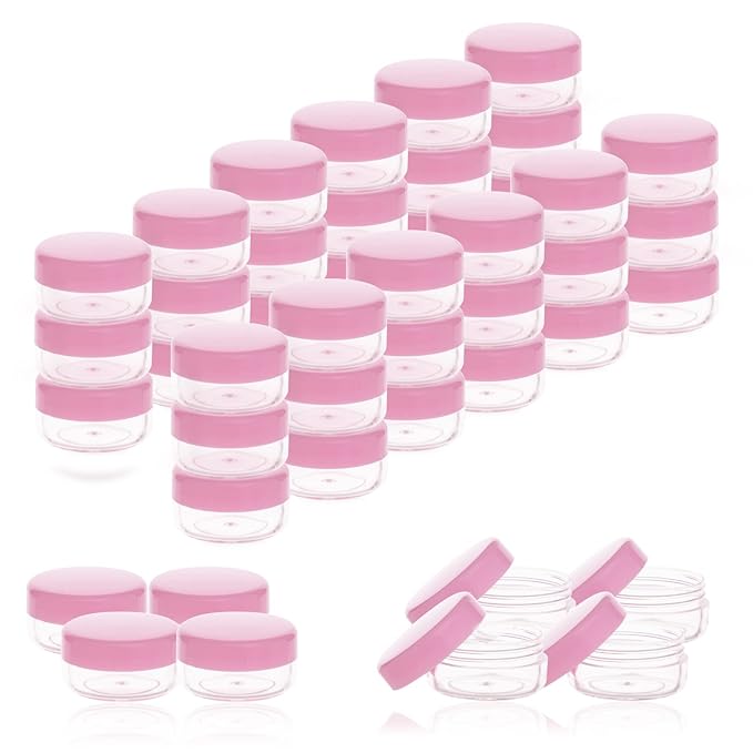 ZEJIA 5 Gram Sample Containers with Lids, Mini Makeup Containers, Empty Plastic Travel Cosmetic Containers with Labels(100 Count, Pink Lid)