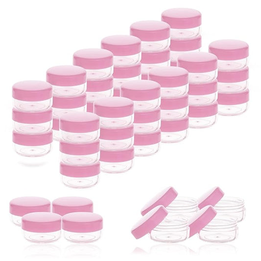 ZEJIA 5 Gram Sample Containers with Lids, Mini Makeup Containers, Empty Plastic Travel Cosmetic Containers with Labels(100 Count, Pink Lid)