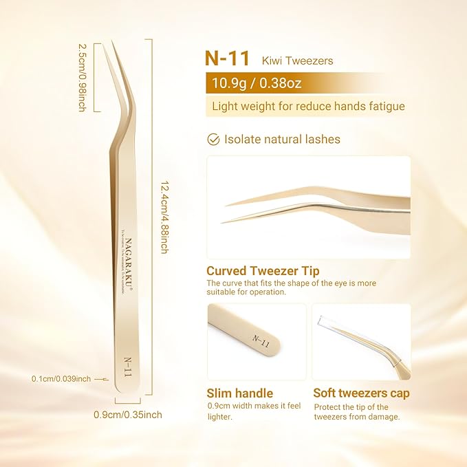 NAGARAKU Tweezers for Eyelash Extensions Curved Lash Tweezers Precision Pinzas Professional Easy Fanning Stainless Steel Precise Long Tip Pointy Make Fans for Lashes Isolation (N-11)