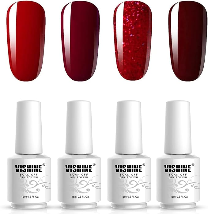 Vishine Gel Nail Polish Kit 4pcs Soak Off Burgundy Red Nail Polish Set New Starter Nail Art Manicure Gift Set 15ml