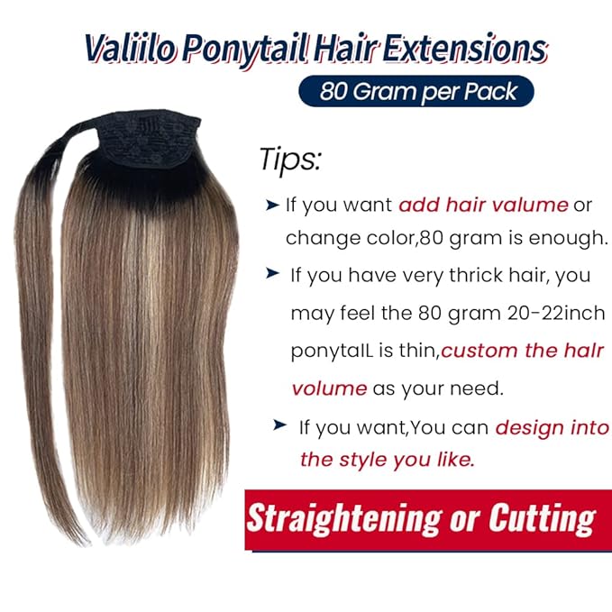 Ponytail Extension Human Hair Black to Chocolate Brown Mix Caramel Blonde Highlights Ponytail Hair Pieces Clip in Wrap Around Pony Remy Hair Extensions for Women 16 Inch 80G #1BT427