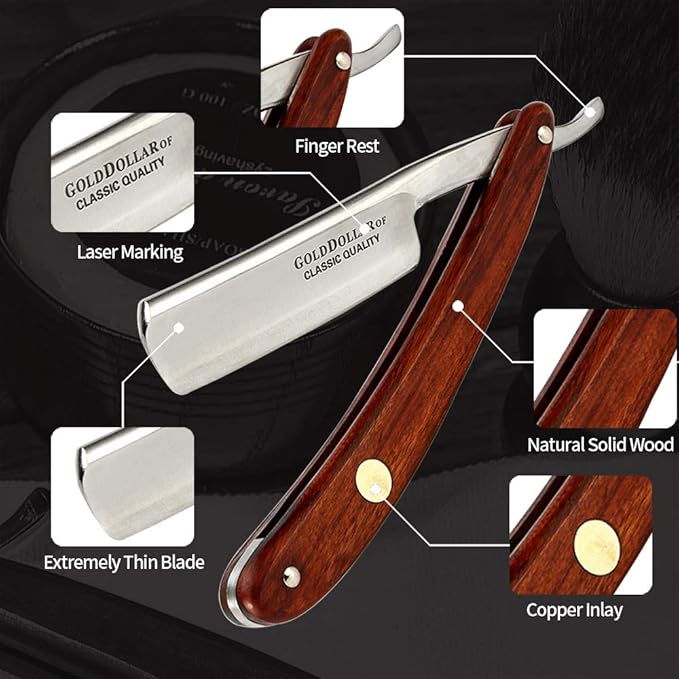 Straight Razor GOLD DOLLAR Wooden Handle Retro Shaving For Men & Barber Shaving Ready Without Stabilizer