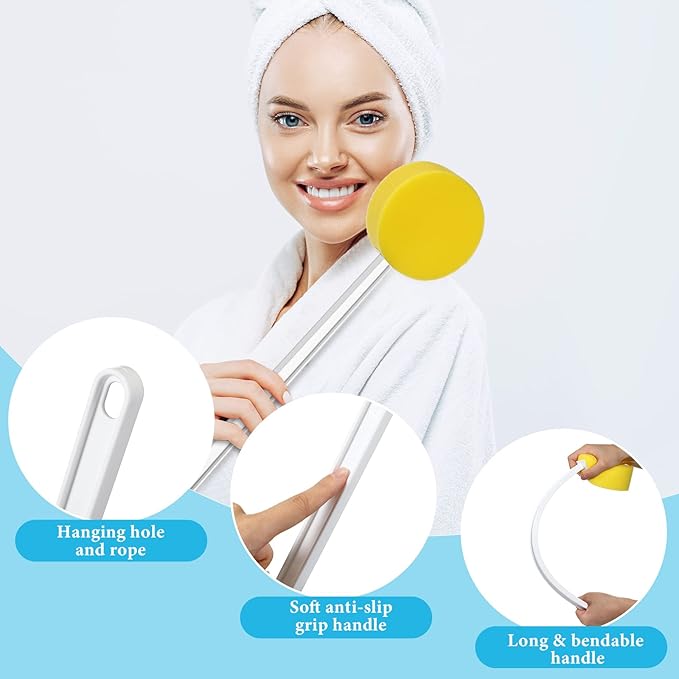 3 Pcs Long Handle Bath Sponge 22.4'' Back Sponge on a Stick Lightweight Back Washer Handled Butt Scrubber Shower Brush for Foot Body Cleaning Bathing Limited Motion, Yellow(Round Style)