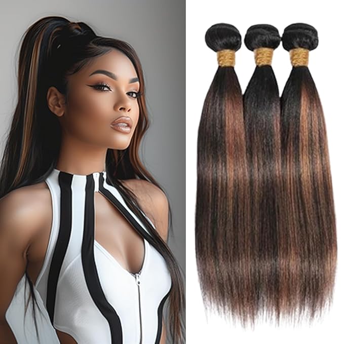 Ombre Human Hair P1B30 Highlight Straight Bundles Two Tone Black Mixed With Light Brown Straight Bundles Brazilian Human Hair Extensions Soft and Silky for Women 22 24 26 Inch